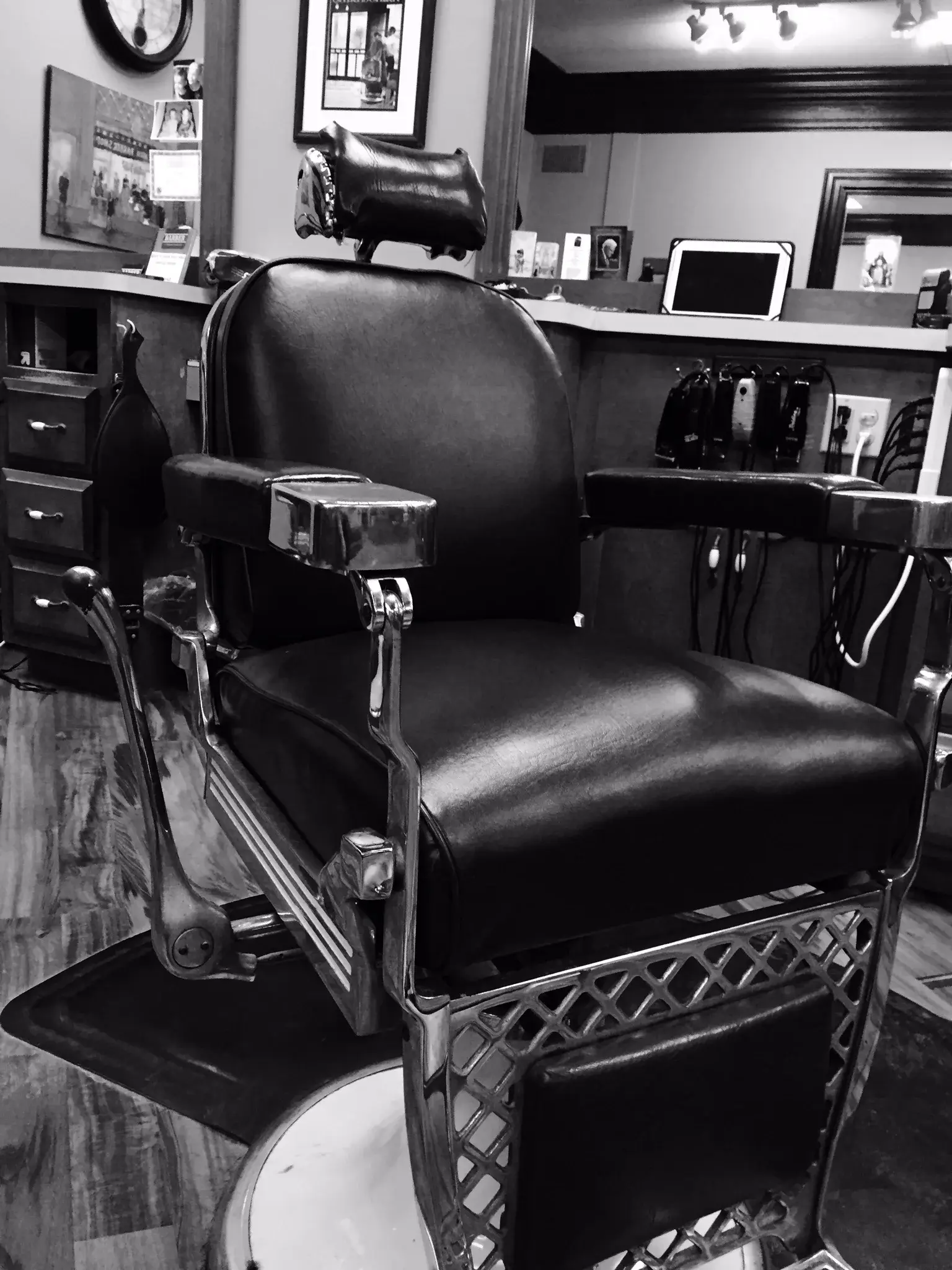 Classic leather barber chair at Wheaton Barber Shop in Winfield IL