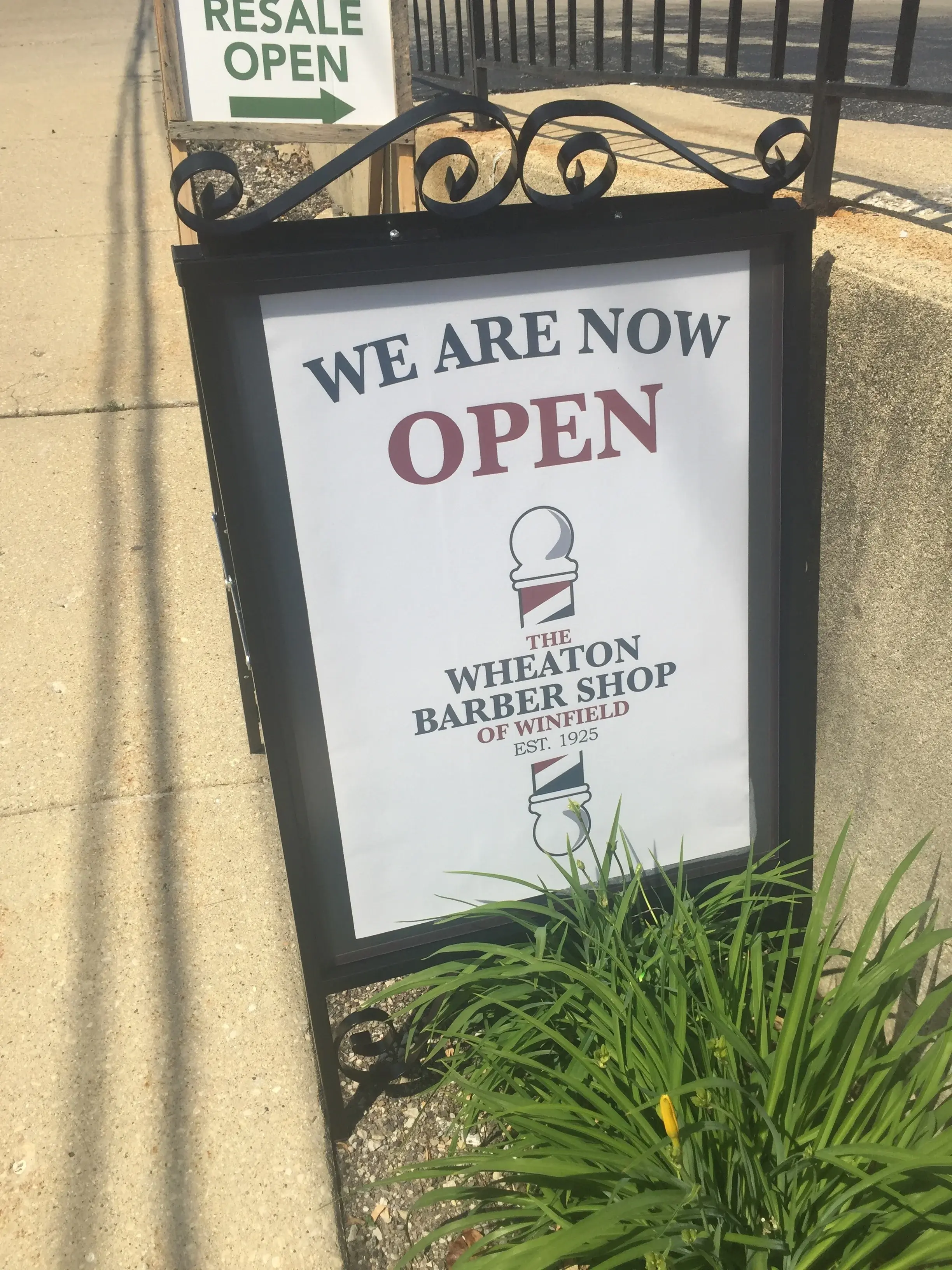 Wheaton Barber Shop of Winfield Est. 1925 sidewalk open sign